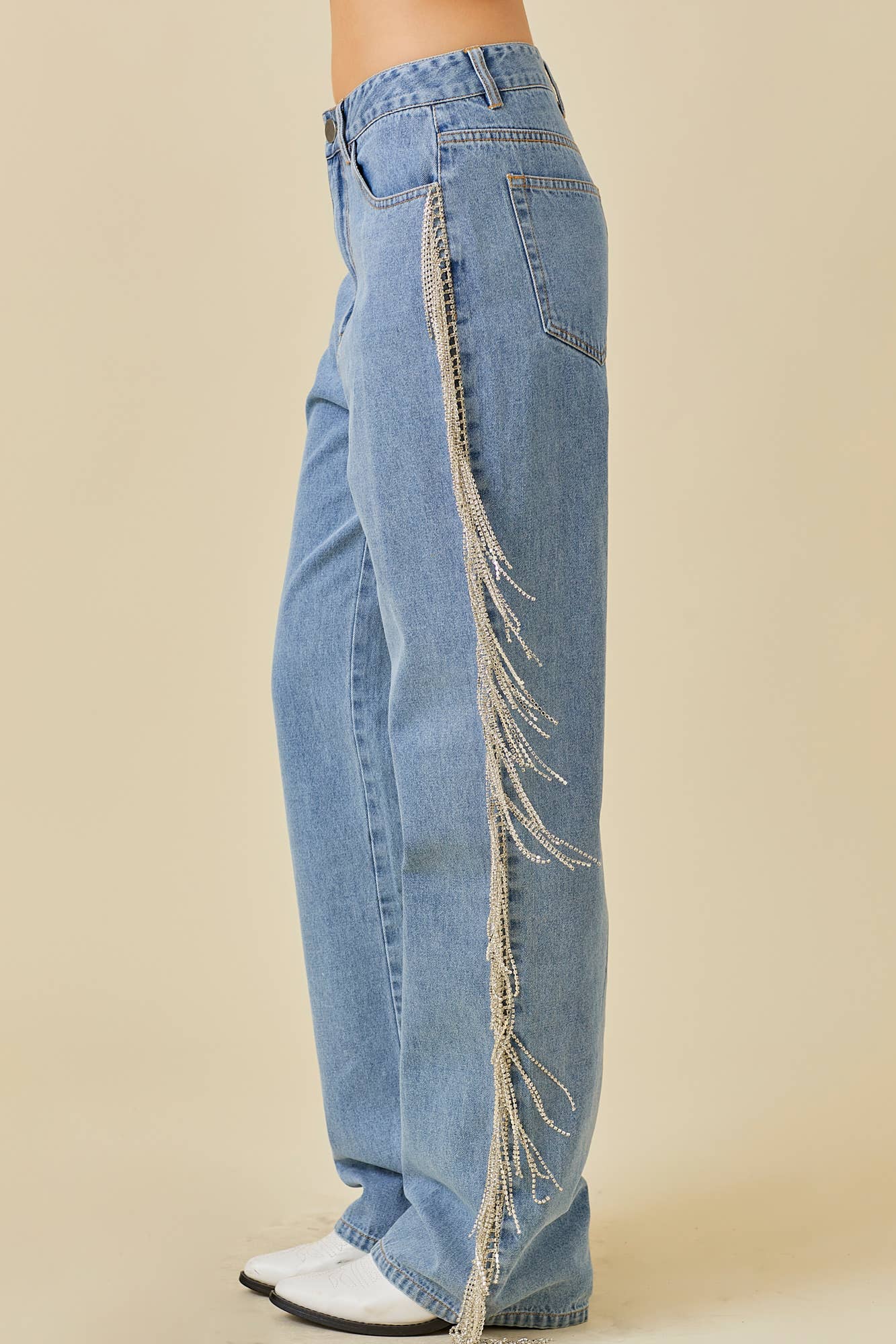 Side And Back Rhinestone Fringe Trim Denim Pants for wholesale on Faire10