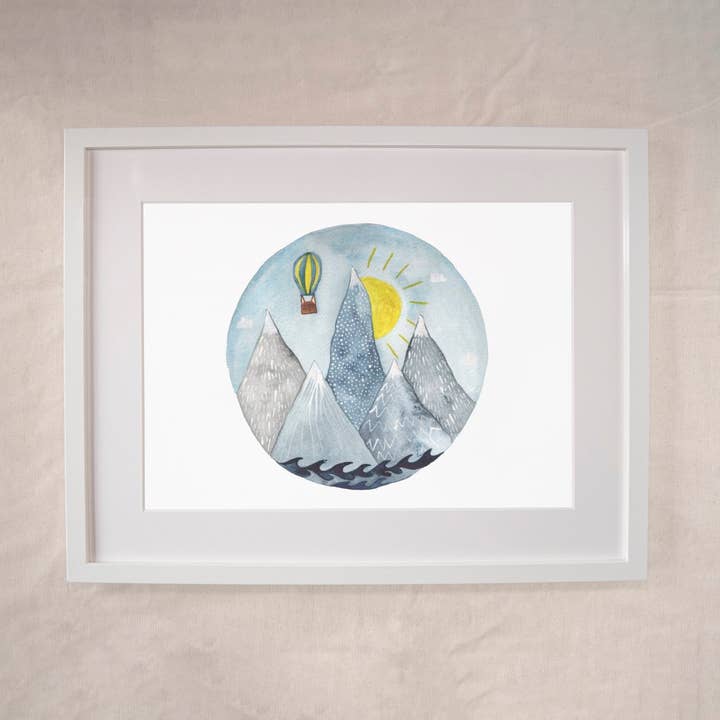 Adventure Mountains – Hot Air Balloon Adventure Art Print for wholesale by Hattie Buckwell