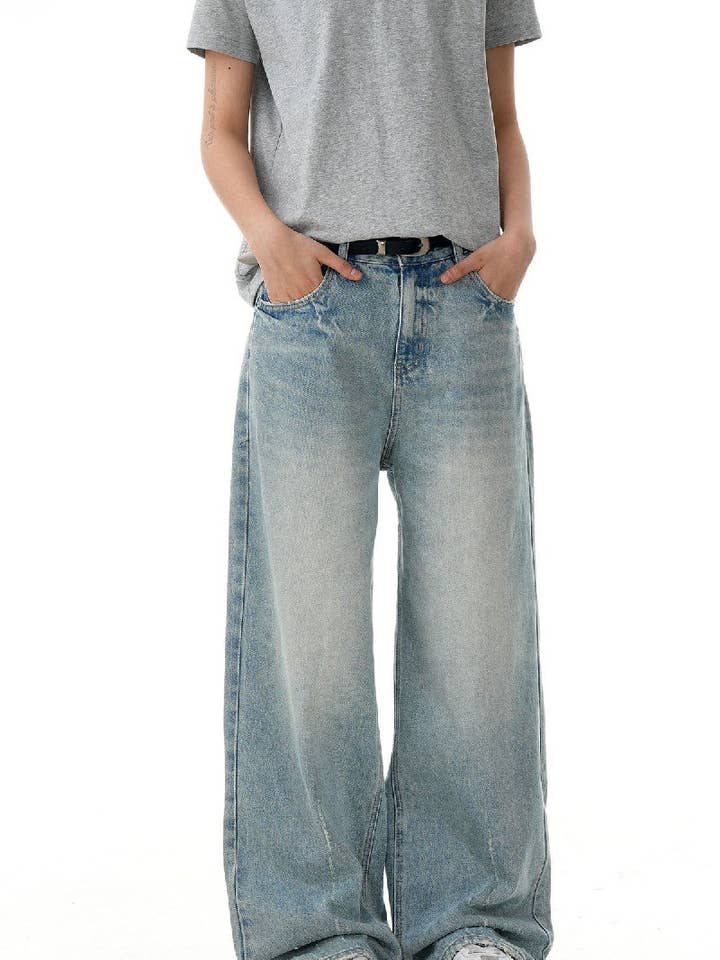 Blue Washed Textured Straight Jeans for wholesale on Faire