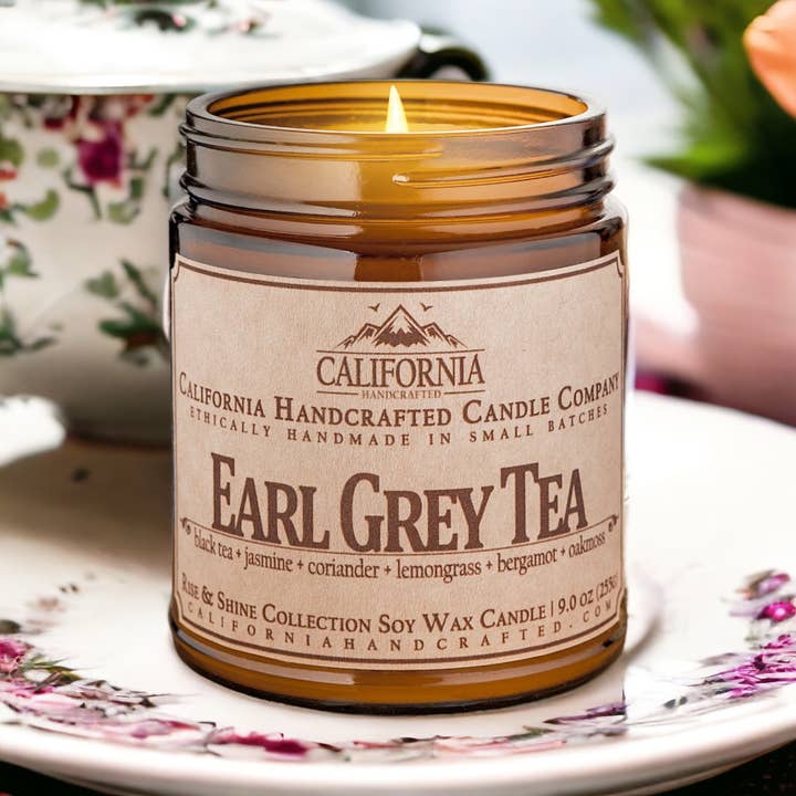 Earl Grey Tea Scented Coconut Apricot Wax Jar Candle | Black Tea + Jasmine + Coriander + Lemongrass + Bergamot + Oakmoss for wholesale by California Handcrafted