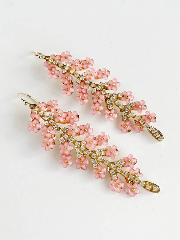 Flower Leaf Dangle Earrings in Pink - Gold Statement Earring for wholesale by lynnique