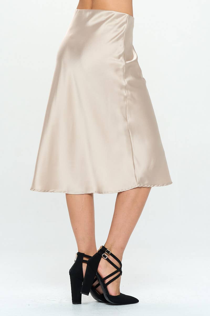 BEIGE Made in USA Solid Satin Midi Skirt for wholesale on Faire2