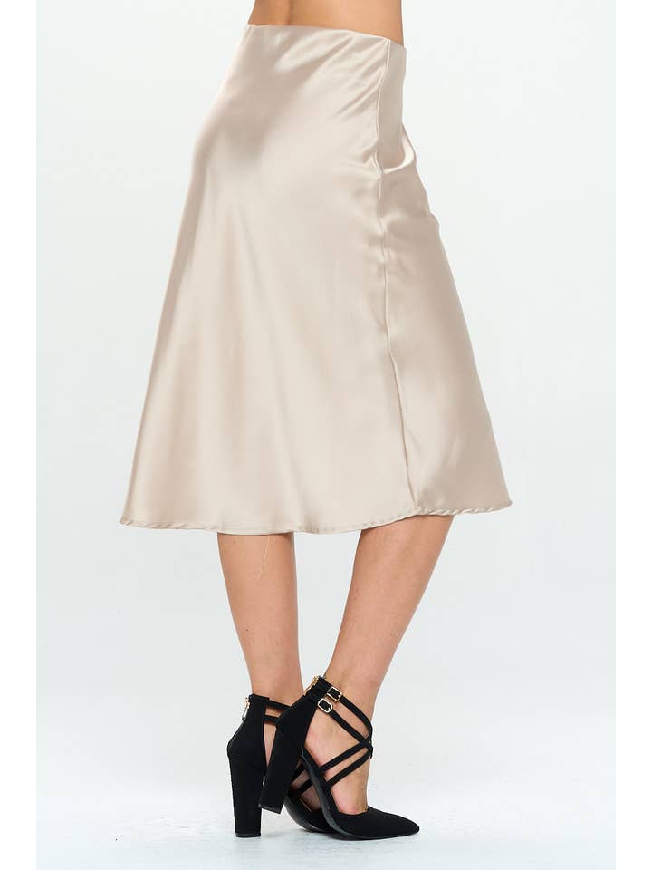 BEIGE Made in USA Solid Satin Midi Skirt for wholesale on Faire2