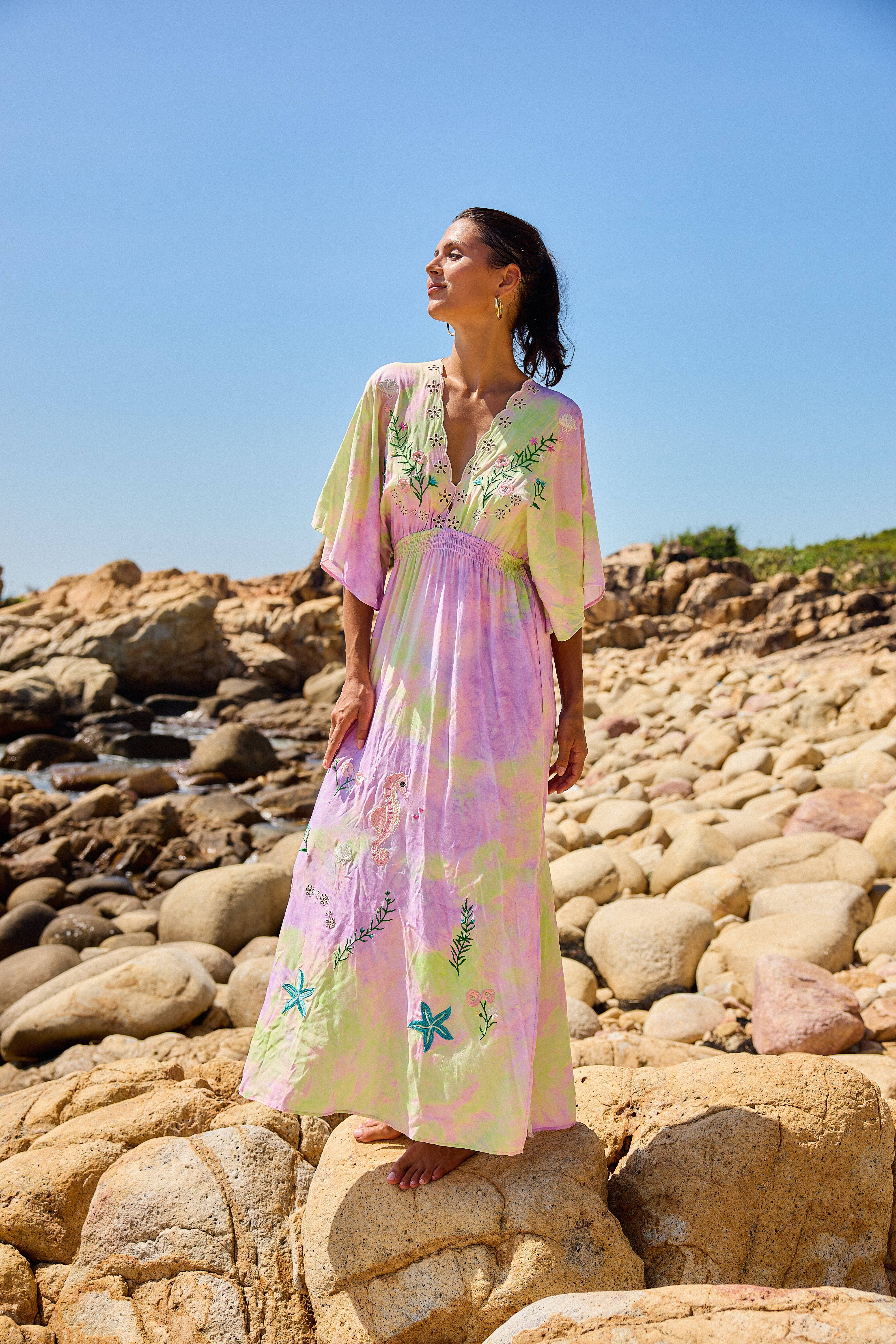 LILAC Maxi long dress with floral embroidery, V-neckline in front for wholesale on Faire3