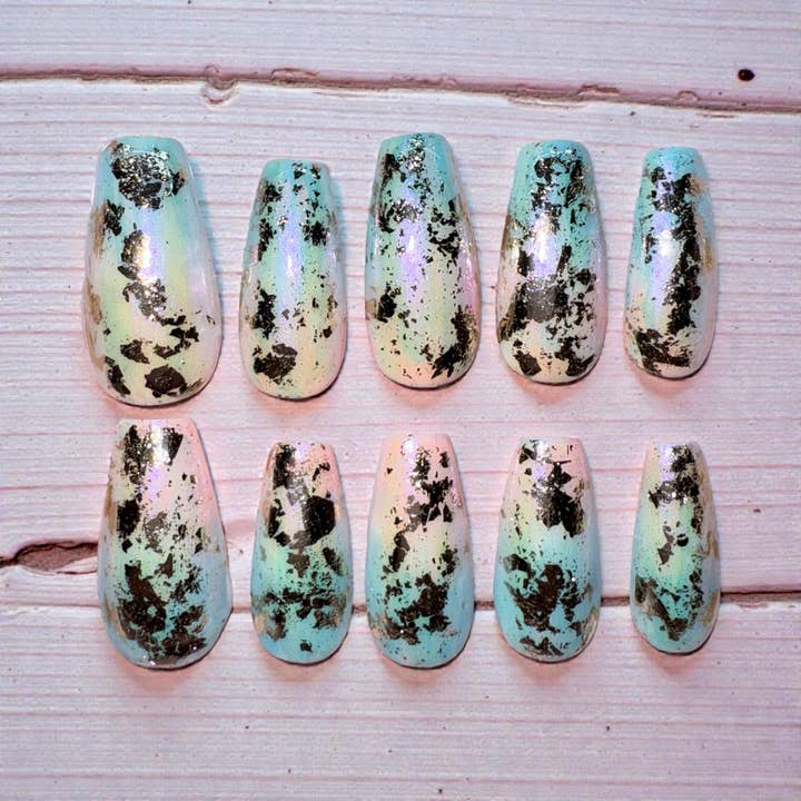 Hand painted press on nails Rainbow Metalic for wholesale by OVER THE TOP NAILS