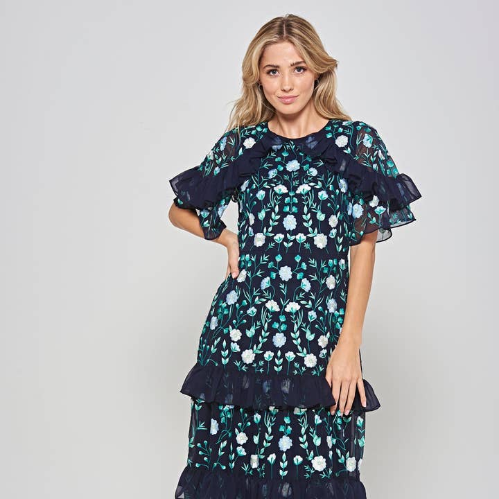 Jasmine Navy Floral Embroidered Maxi Dress for wholesale by Frock & Frill