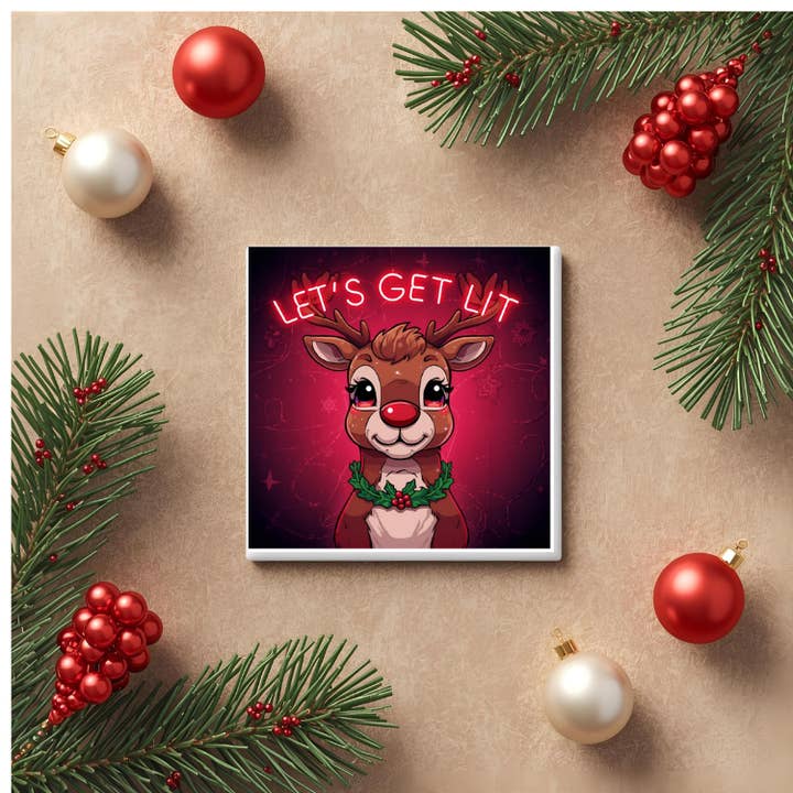 Let’s Get Lit Reindeer Magnet – 2" x 2" Funny Holiday Fridge for wholesale by Solana Photo Magnets