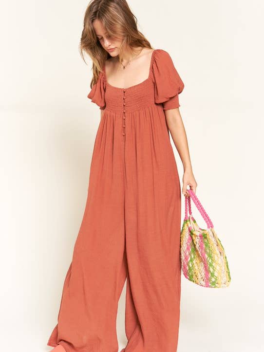 Smoked Neck WIDE LEG JUMPSUIT - JJS5034 for wholesale by JADE BY JANE