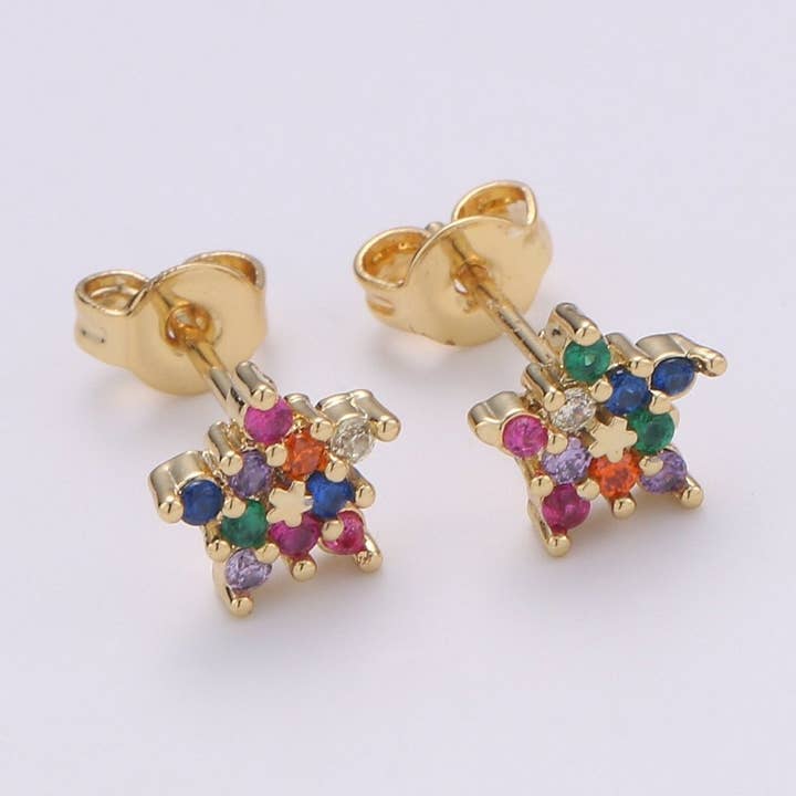 Star stud earrings Gold Multi Color Cz earrings, dainty Earring studs, tiny studs gold, tiny earrings, Multi Color studs Q-255 for wholesale by Aim Eternal