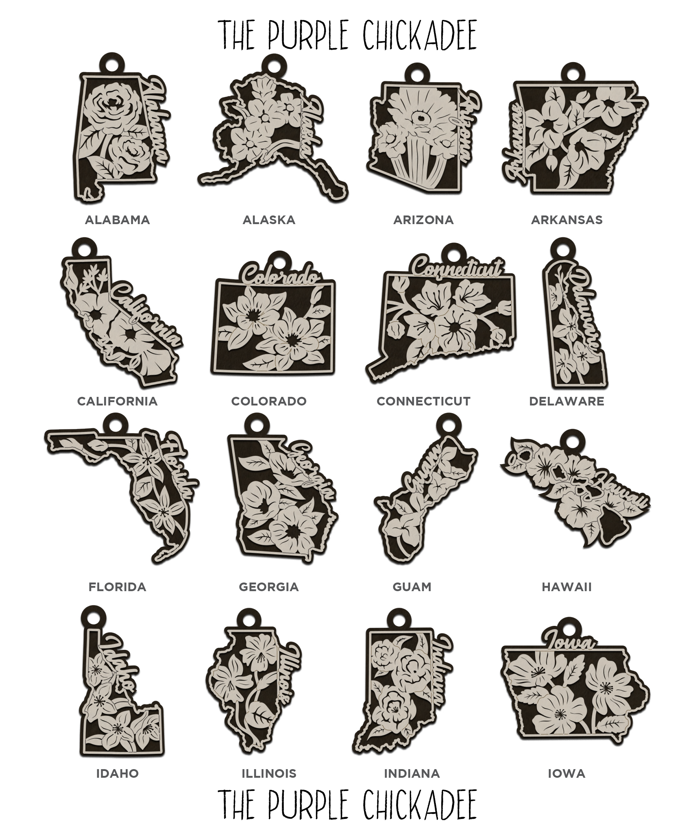 The Purple Chickadee - Wholesale Ornament - State Flowers Wooden Ornament - Choose Your State 1