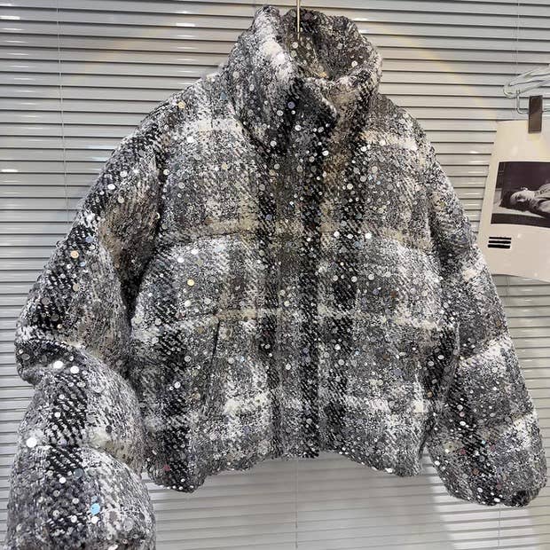 Colore come immagini CT127Y 2025 Cappotto imbottito in tweed con paillettes Giacca invernale calda in piumino in vendita all'ingrosso su Faire1
