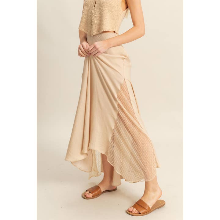 HYFVE - Wholesale Skirt - Women's - HF25C668-Mixed Media Lace Detail Satin Maxi Skirt