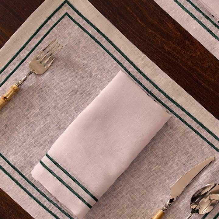 Embroidered Double Stripe Linen Placemats Emerald Green (set of 4) for wholesale by Clio and Clover