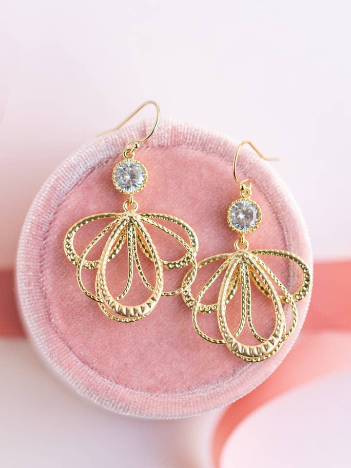 Gold Petal Chandelier Earrings for wholesale by Rachelyn Jewelry