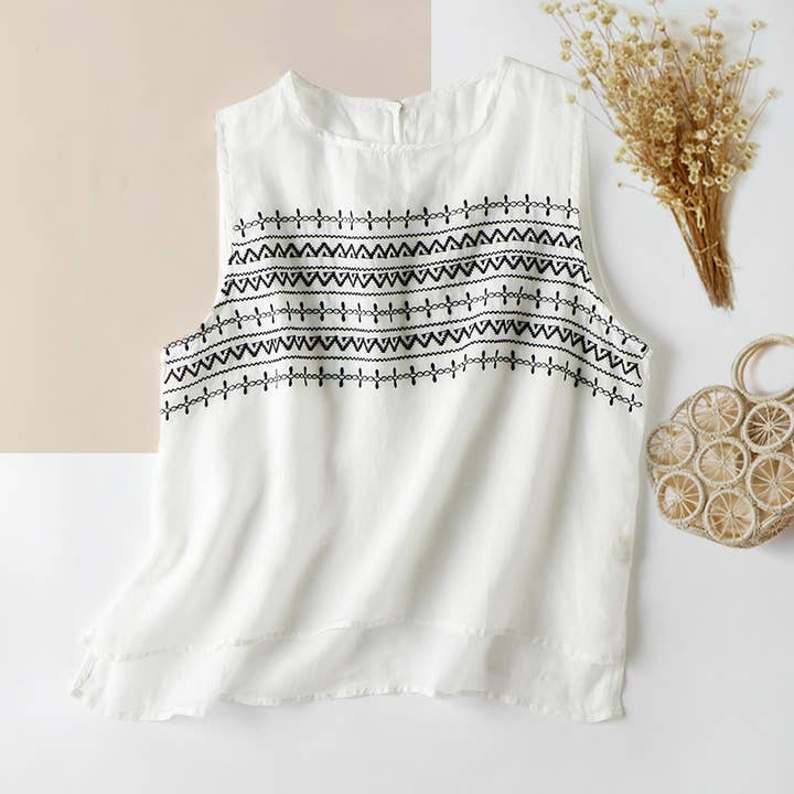 Hope & Sunshine - Wholesale Blouse - Women's - Embroidered Ramie Sleeveless Top
