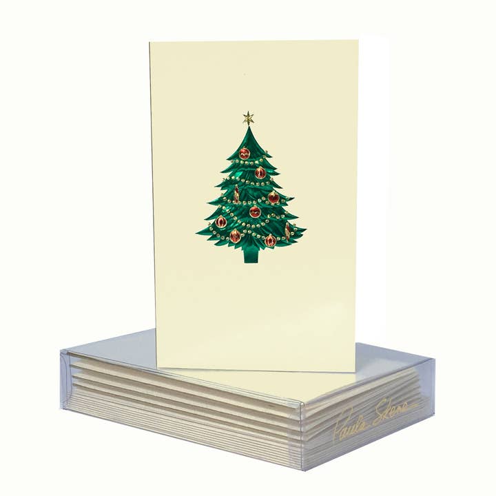 Tree with Ornaments on Ecru Christmas Mini Note Card for wholesale by PAULA SKENE DESIGNS