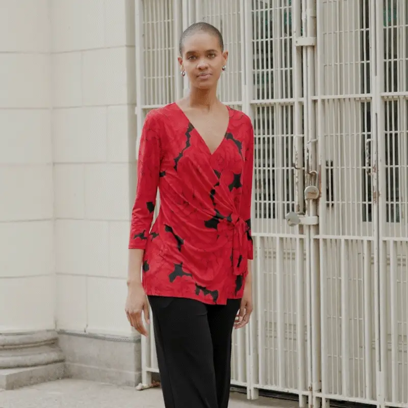 TU335P - Surplice Faux Wrap Side Tie Tunic - Polka Poppy for wholesale by Clara Sunwoo