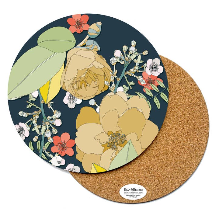 Placemat Large Round Melamine Wooden Chica Camellia Navy for wholesale by Bean and Bemble
