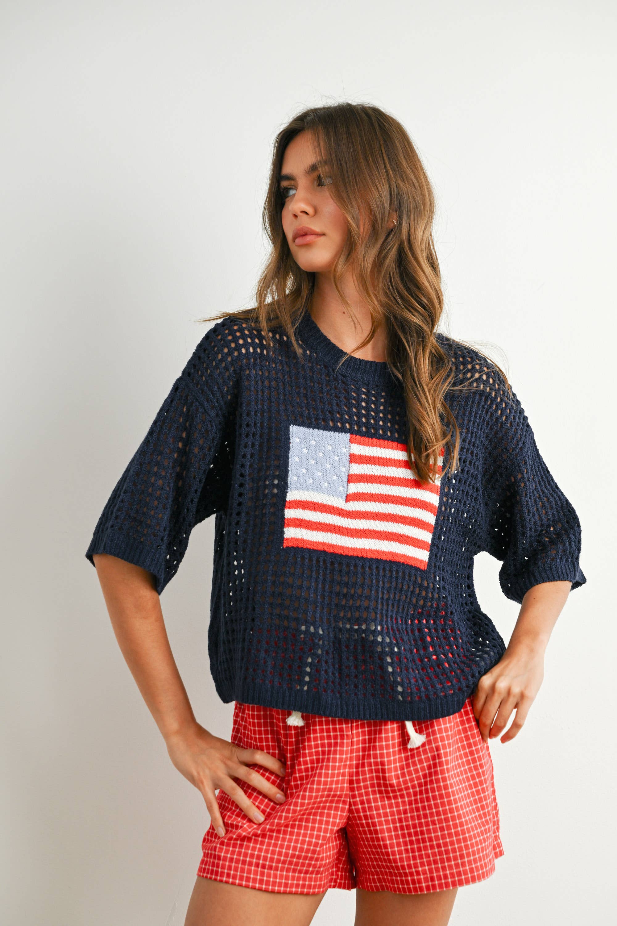 BUTTERMELON - Wholesale Knit Top - Women's - Flag Print Open Knit Crochet Sweater Top - BMW77357