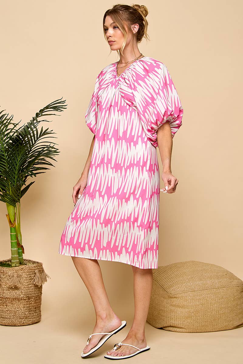 Pink and white zigzag pattern V-neckline Dress for wholesale on Faire4