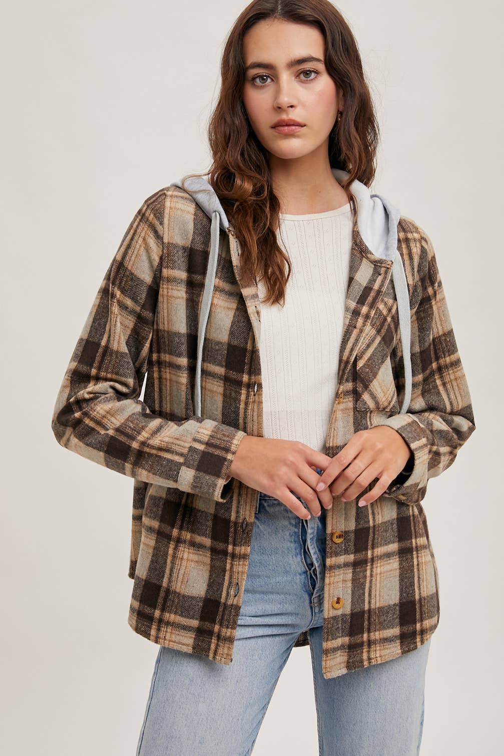 Bluivy – wholesale Shirt Jacket/Shacket - Women’s – HOODED FLANNEL BUTTON FRONT SHIRT JACKET1