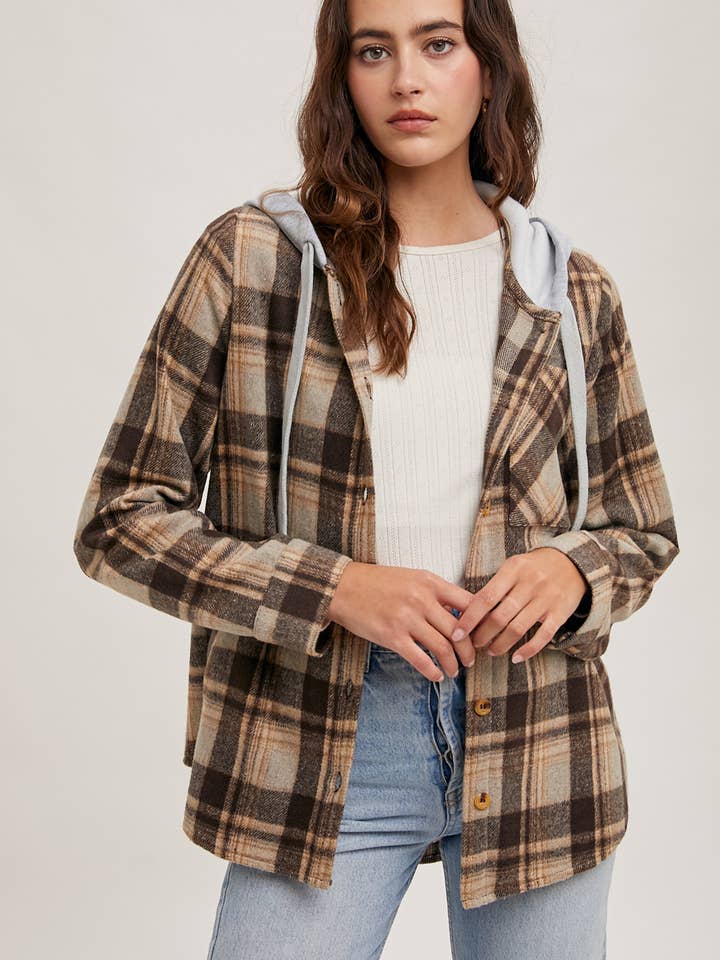 Bluivy – wholesale Shirt Jacket/Shacket - Women’s – HOODED FLANNEL BUTTON FRONT SHIRT JACKET2