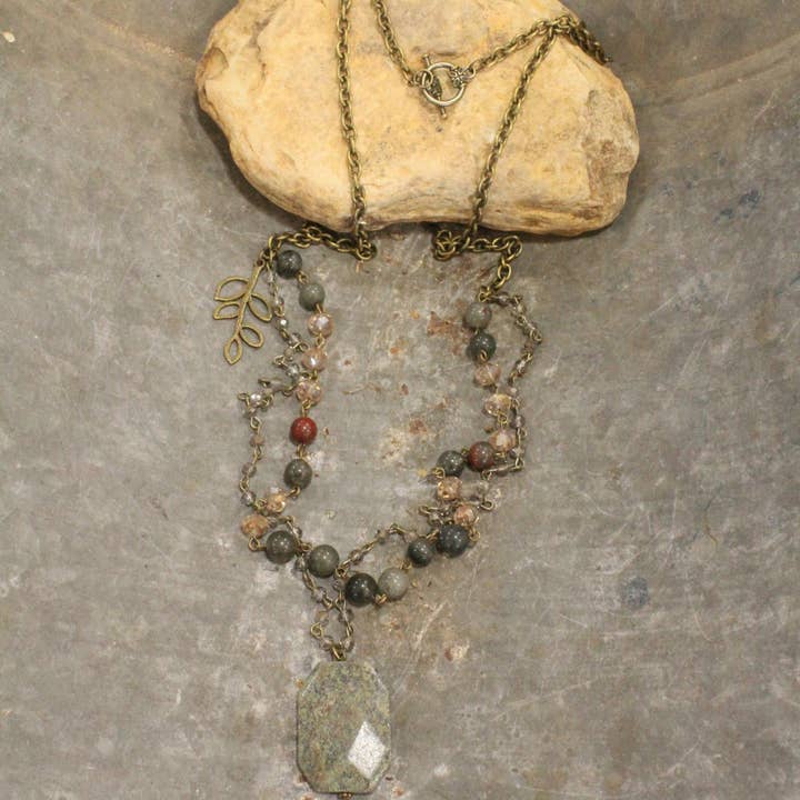 The Primitive Peddler, Inc. - Wholesale Pendant/Charm Necklace - Double Layered Rosary Chain Stone Drop Necklace