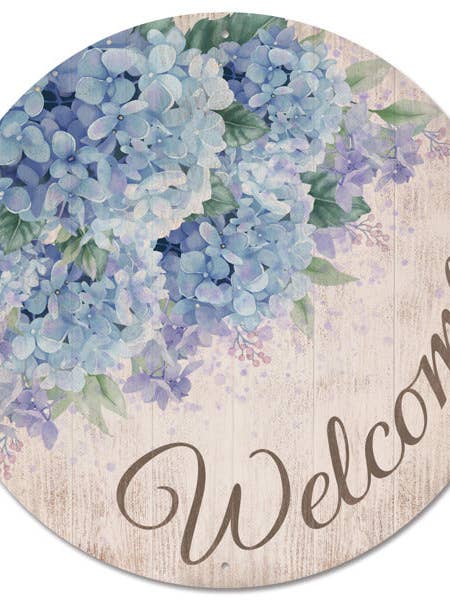 12"DIA METAL WELCOME W/HYDRANGEA SIGN - BEIGE/PERIWINKLE/LAV/GRN - MD153549 for wholesale by General Wholesale Inc