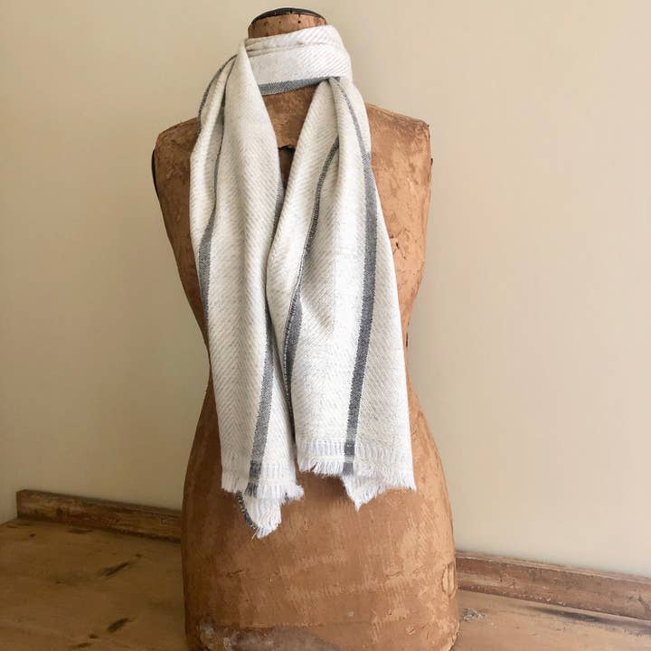 Moult - Wholesale Scarf - Unisex - Ivory and Dark Grey Stripe Small Scarf