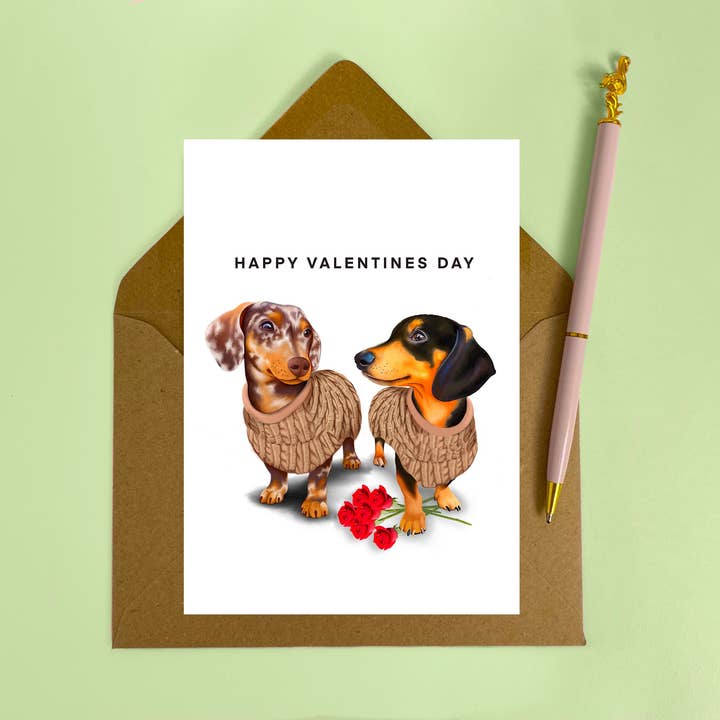 Biglietto di San Valentino Dappled Dachshund/Salusage Dog per la vendita all'ingrosso da parte di Hot Dog Greetings
