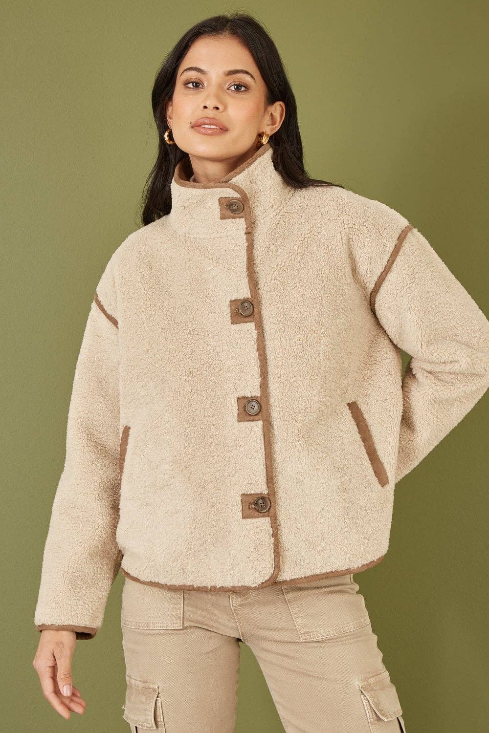 Yumi Cream Borg High Neck Jacket With Faux Leather Trims for wholesale on Faire