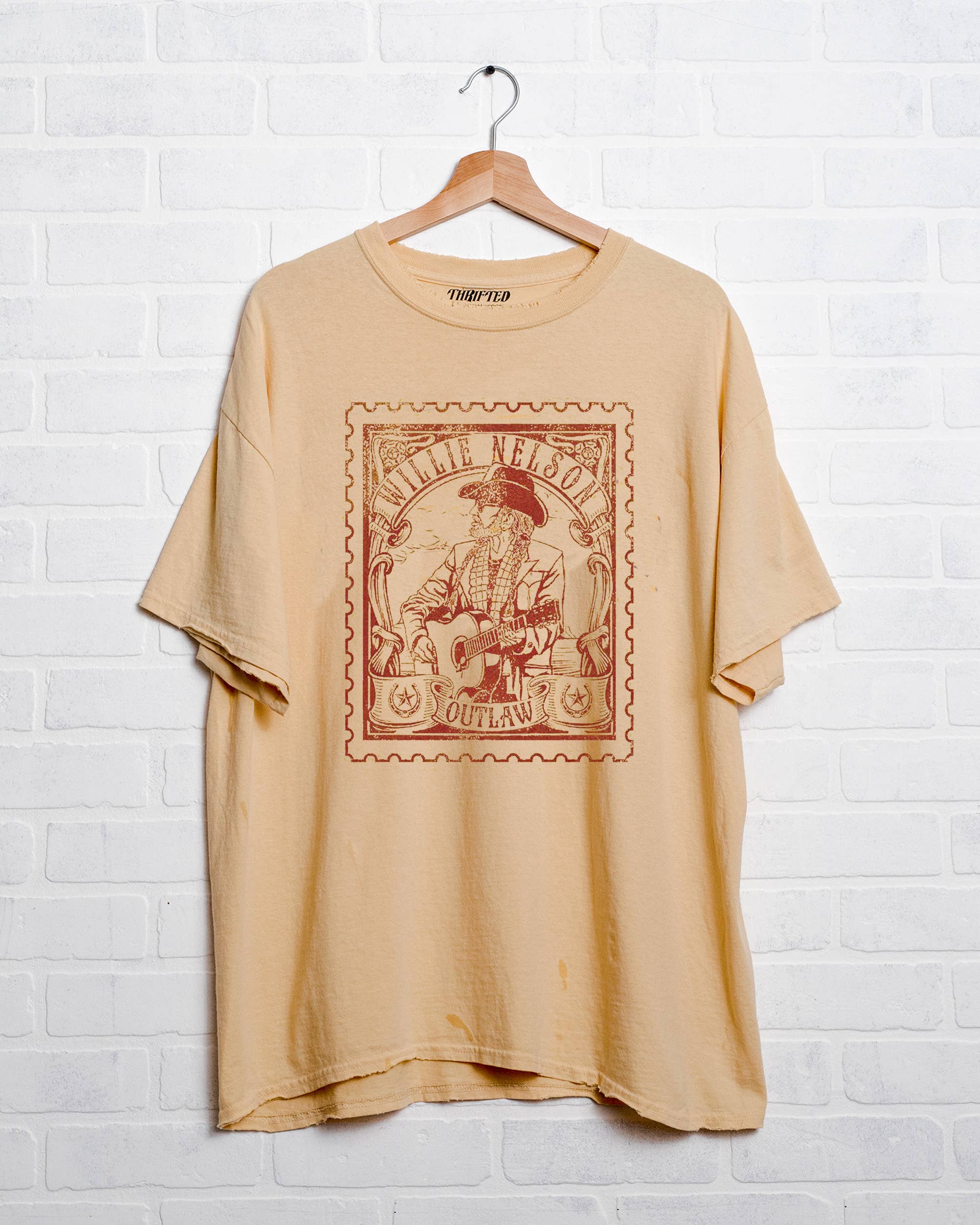 LivyLu - Wholesale Screen Printed T-Shirt - Unisex - Willie Nelson Stamp Old Gold Thrifted Licensed Graphic Tee2