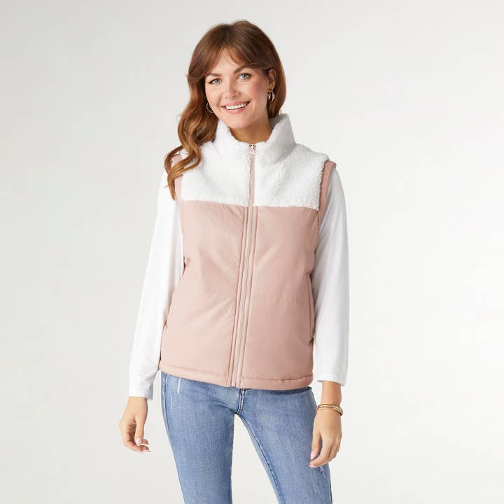 COCO + CARMEN - Wholesale Outerwear Vest - Women's - Yona Mixed Sherpa Pleather Vest