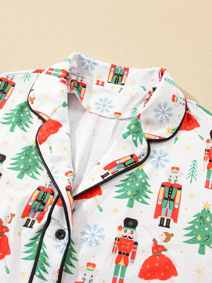White Printed FB Christmas Trees & Nutcracker Buttoned Pajama Set for wholesale on Faire2