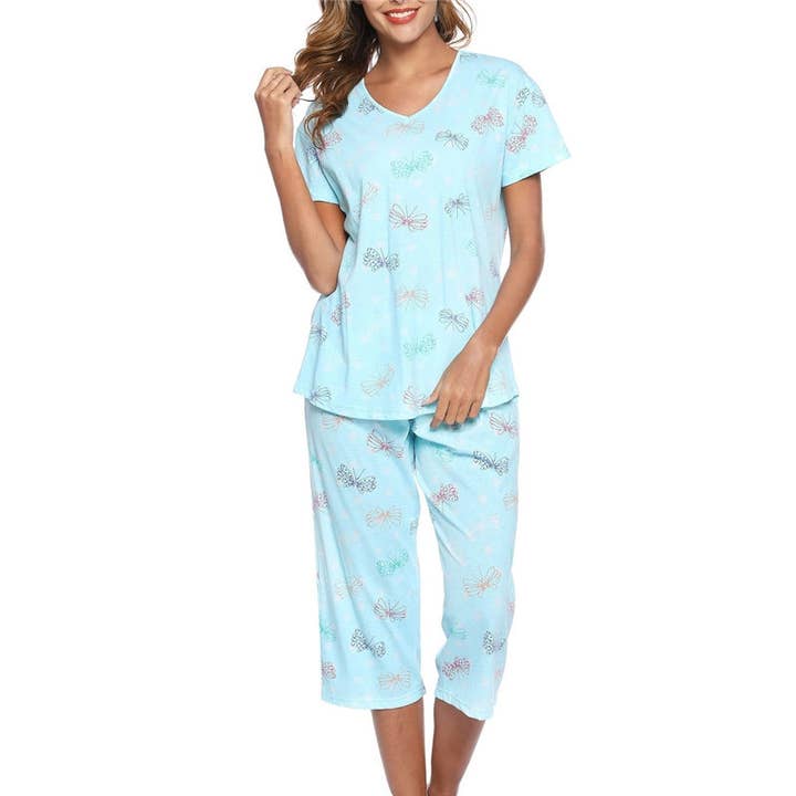 Basis Fancy - Wholesale Sleepwear set – Women's - Women Fashion Casual Printed V-Neck Short-Sleeve T-Shirt Loose Pants Pajamas Set2
