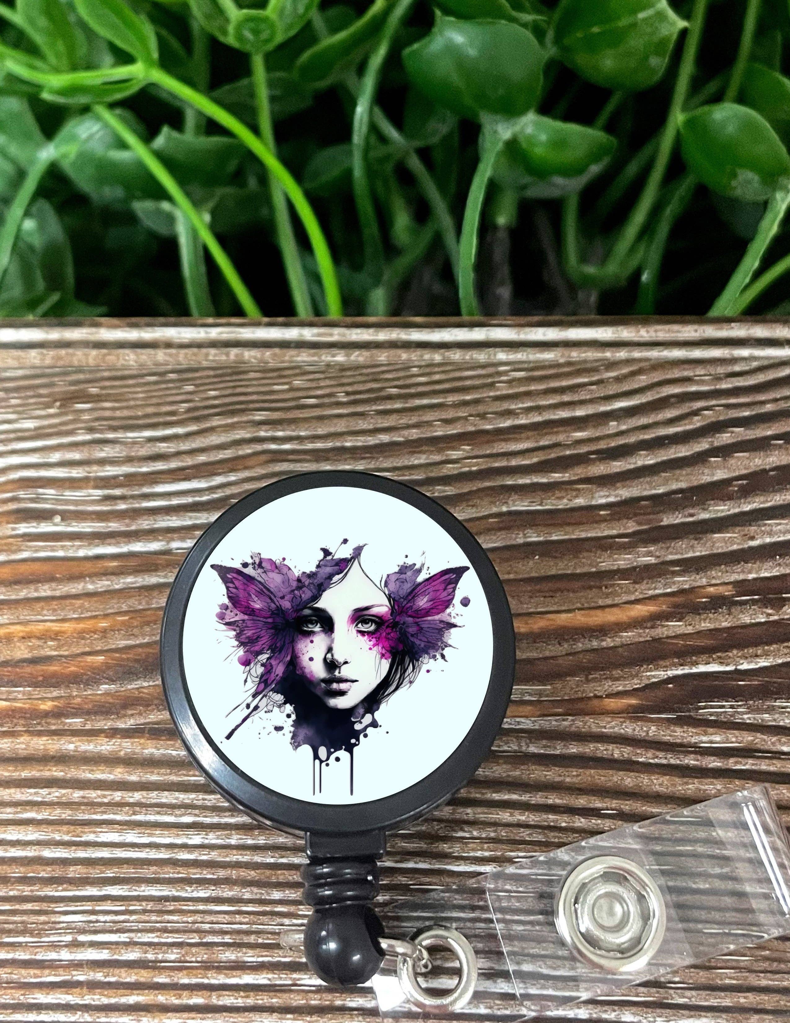 Handmade by Marlayna - Wholesale Badge Accessory - Women's - Butterfly Dark Angel Face, Retractable Badge Reel, , Boho Fun, Sublimation Lanyard Holder0