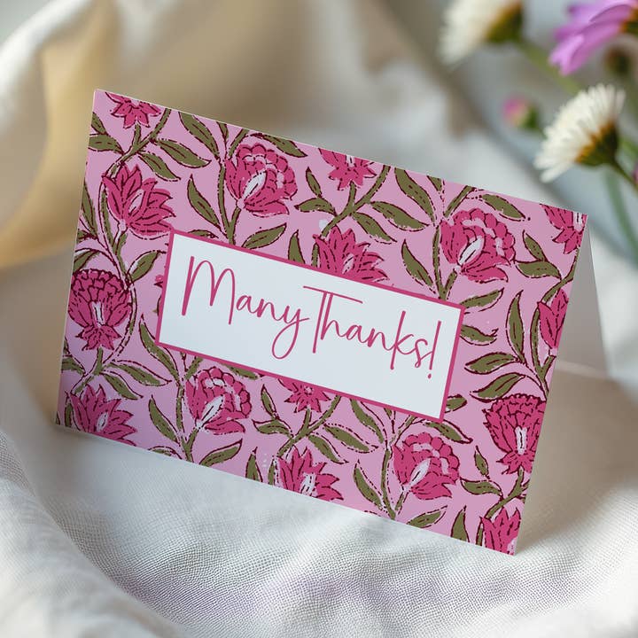 Pink Floral Block Print Folded Stationery Card Set for wholesale by Design Carolinas