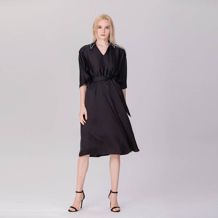 Shirt dress with rhinestone collar and V-back for wholesale by Smart and Joy