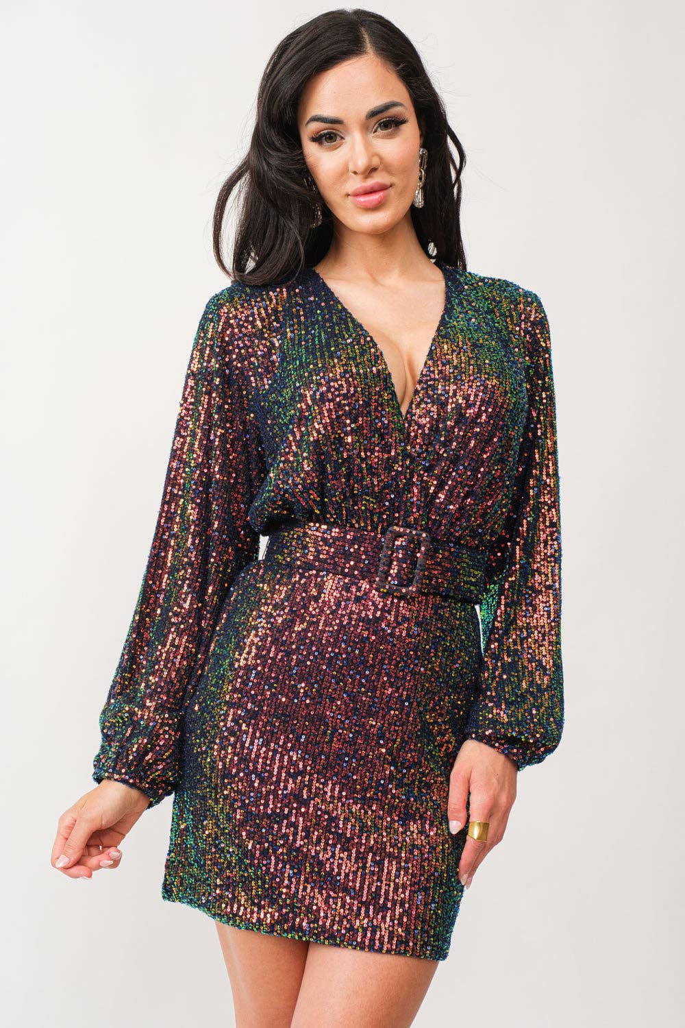 Tea & Cup - Wholesale Dress - Women's - Deep V sequin belted dress with bell sleeves0