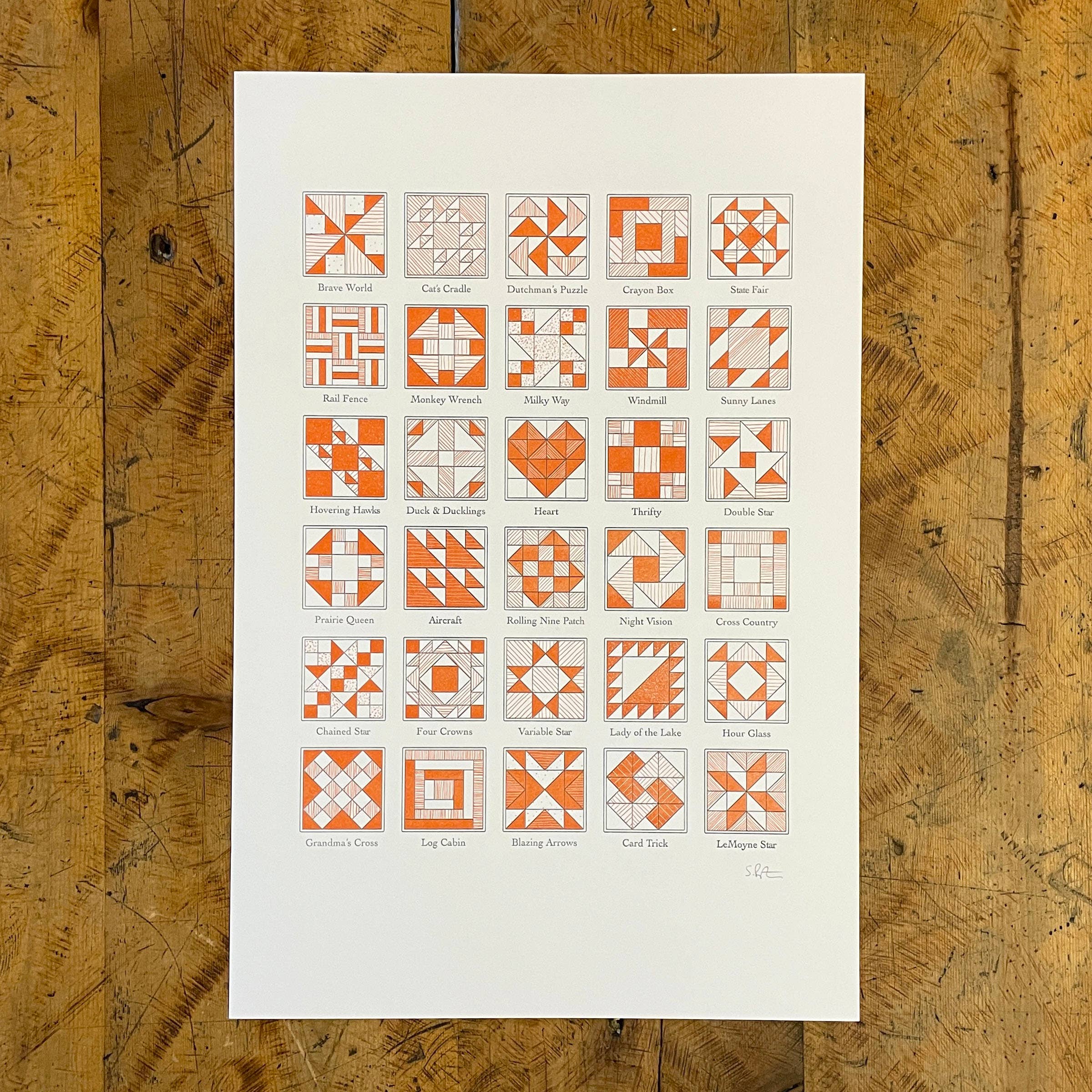 Green Bird Press - Wholesale Art Print - A Few Quilt Blocks Letterpress Print - 12" x 18"4