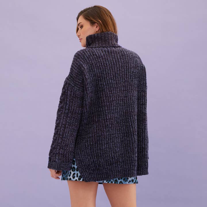 Cara & The Sky - Wholesale Knit Sweater - Women's - Emily Cable Roll Neck Tunic Jumper - Navy Blue6