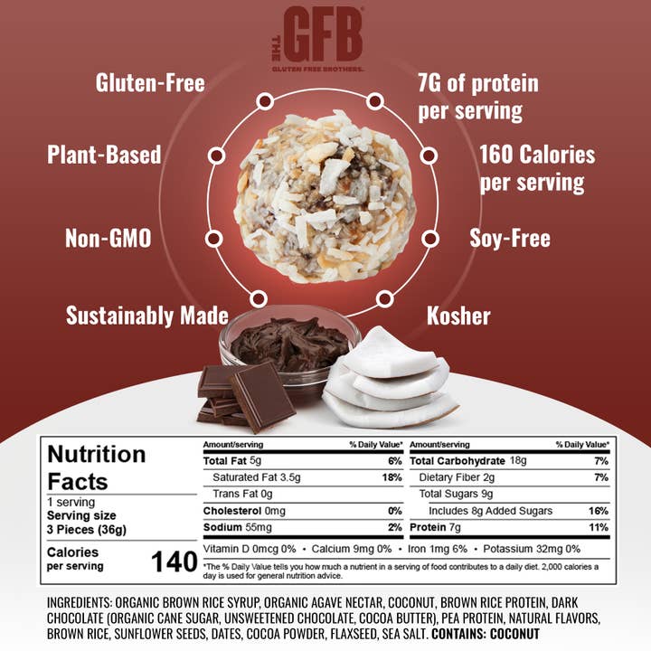 The GFB - Wholesale Snack Bar - The GFB Dark Chocolate Coconut Bites: Individually Wrapped
