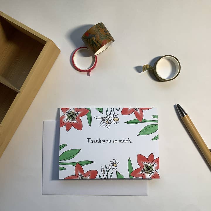 Botanical red and white amaryllis thank you card for wholesale by Little Red Fox Designs