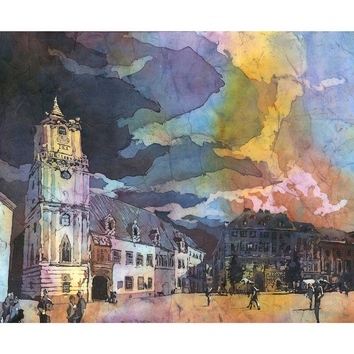 Bratislava Slovakiet Gamle Rådhus ved solnedgang farverig akvarel batikmaleri kunst til boligindretning (print) for engroshandel hos Ryan Fox Fine Art