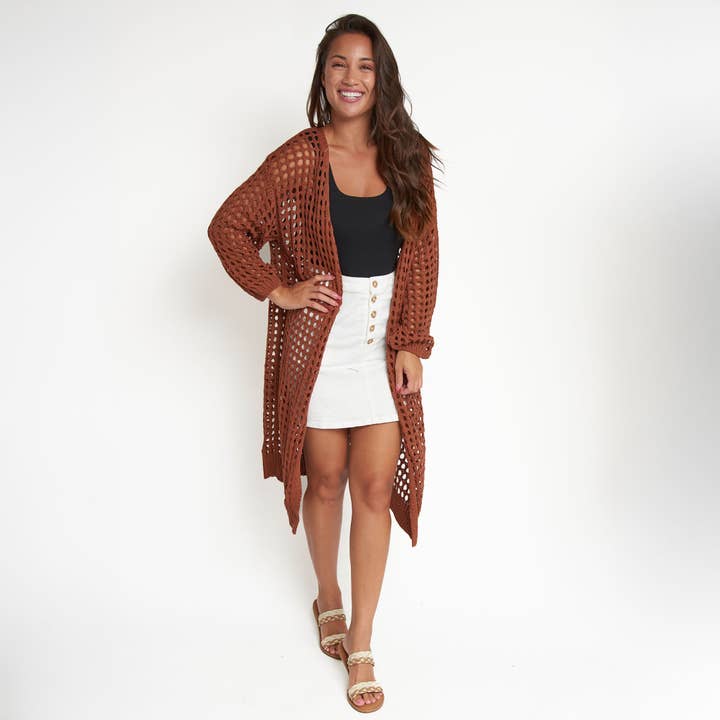 Howard's - Wholesale Cardigan - Women's - Enya Sepia Long Sleeve Open Crochet Boho Cardigan