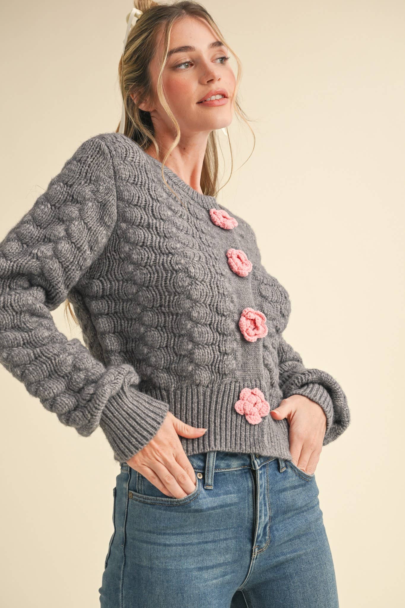 &MERCI - Wholesale Cardigan - Women's - TEXTURED SWEATER CARDIGAN WITH KNIT ROSETTE DETAIL MSW1073523