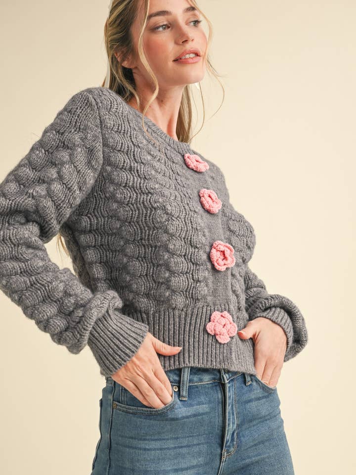 &MERCI - Wholesale Cardigan - Women's - TEXTURED SWEATER CARDIGAN WITH KNIT ROSETTE DETAIL MSW1073523