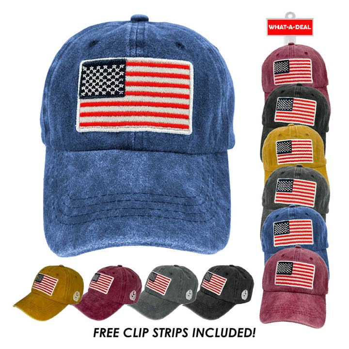 Deluxe Import Trading - Wholesale Baseball Cap - Unisex - 36 pc Ball Caps with Flag with 3 Clip Strips