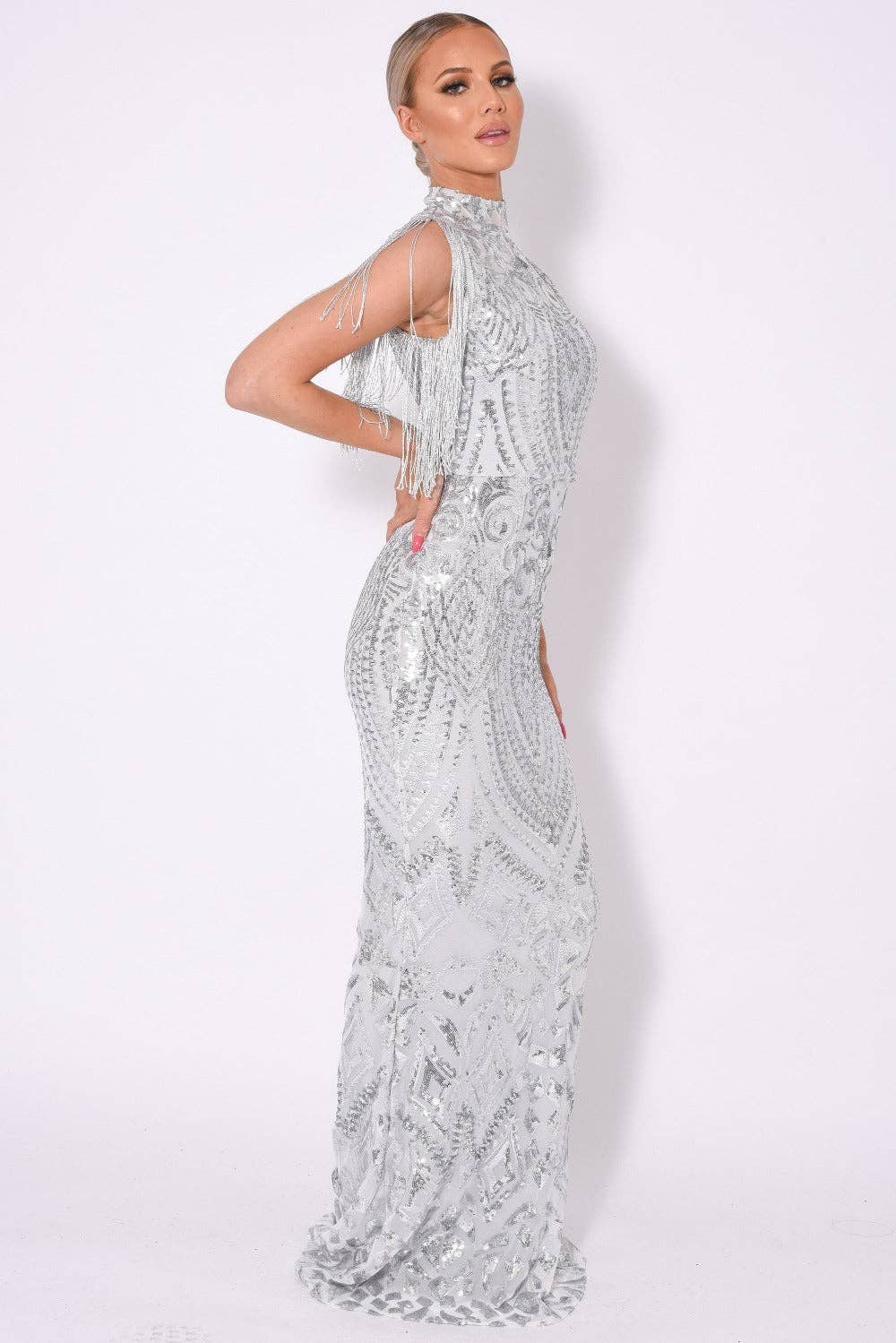 Nazz Collection Clothing Ltd - Wholesale Gown - Women's - Magic Vip Silver Luxe Tassel Fringe Sequin Embellished Illusion Maxi Dress2