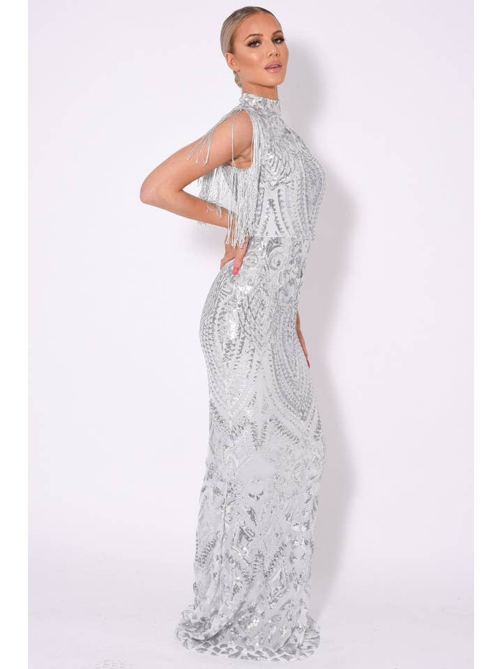 Nazz Collection Clothing Ltd - Wholesale Gown – Women's - Magic Vip Silver Luxe Tassel Fringe Sequin Embellished Illusion Maxi Dress2